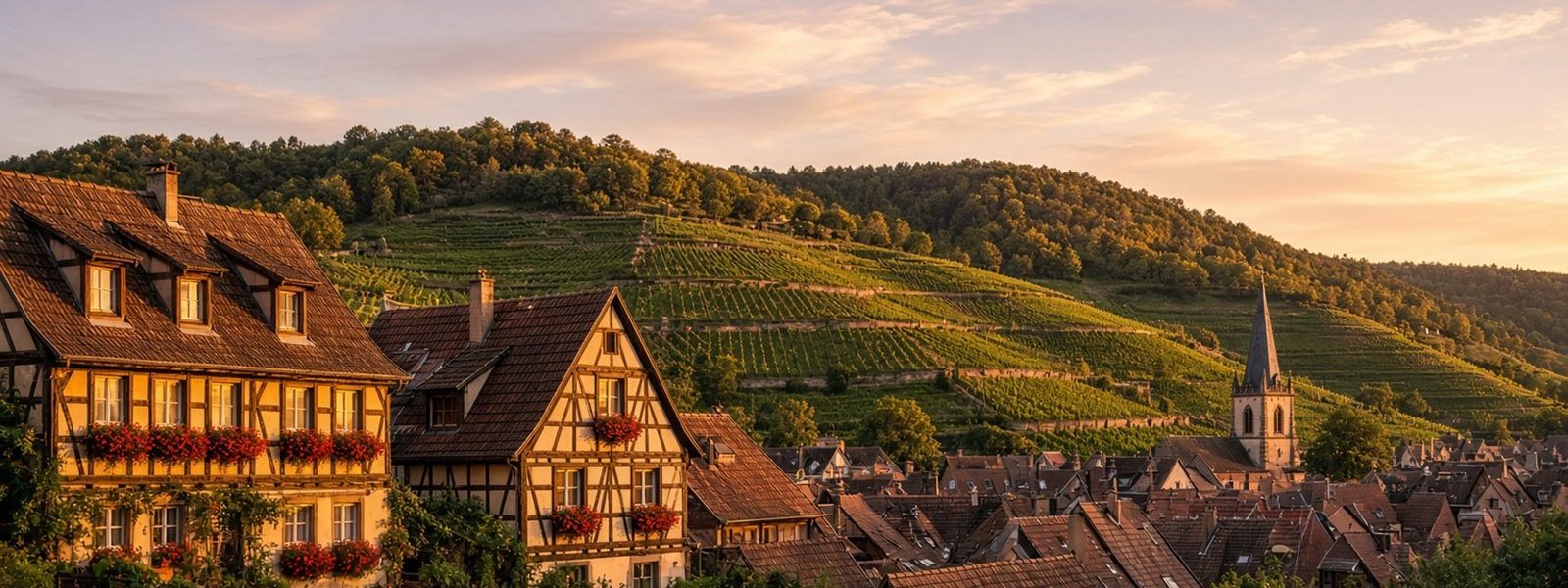 Maisons à colombages et clocher d’un village alsacien au pied des vignes, à la lumière du soir